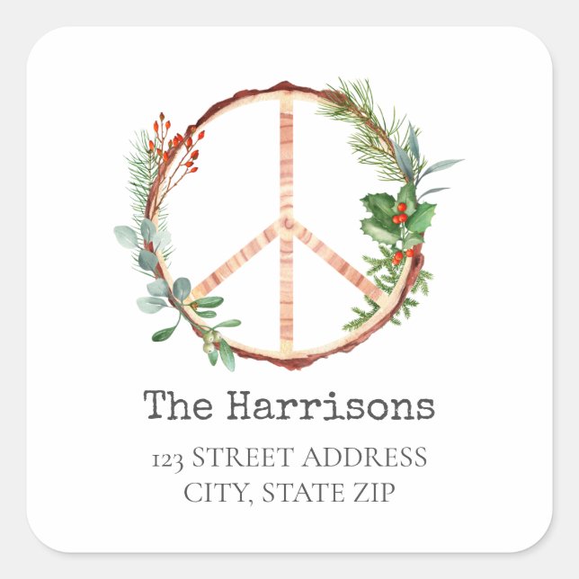 Christmas Wooden Peace Sign Address Square Sticker (Front)