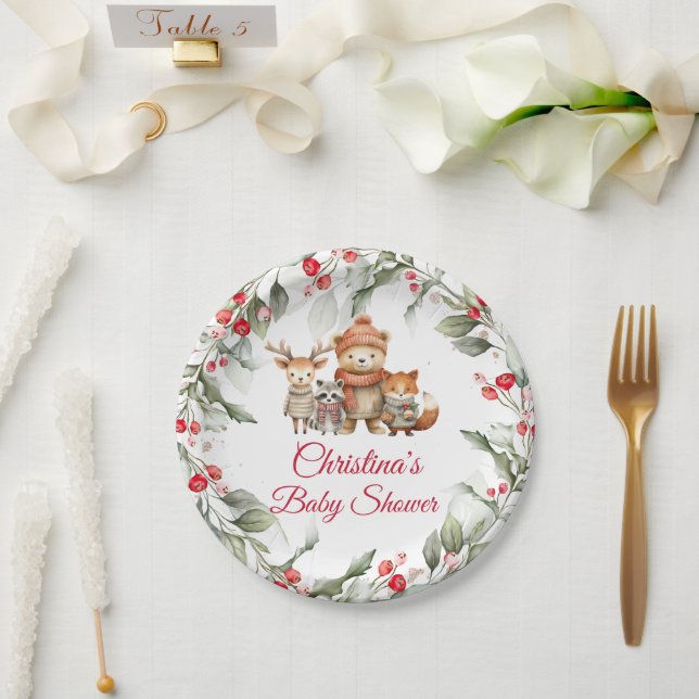 Christmas Woodland Animals Baby Shower Paper Plate (Wedding)