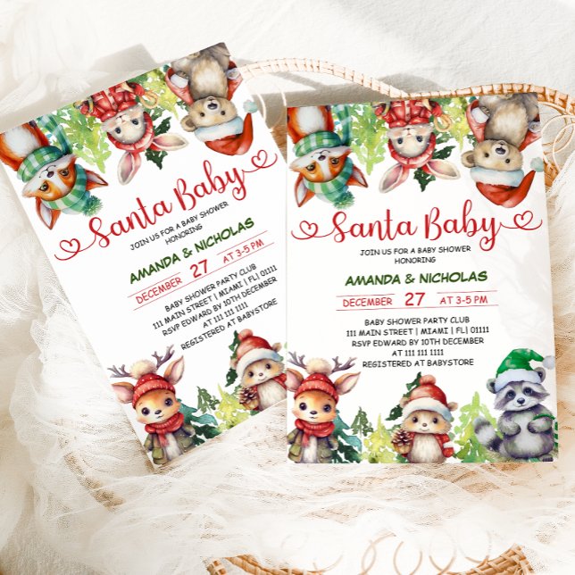 Christmas Woodland Animals Santa Baby Shower Invitation (Creator Uploaded)