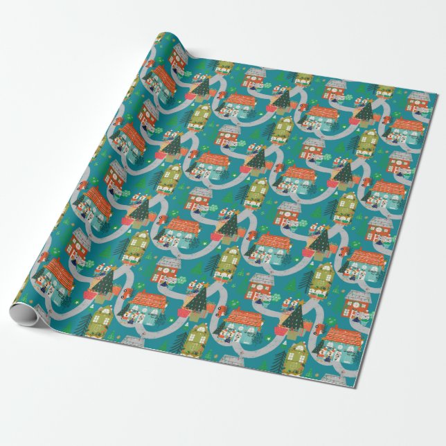 Christmas Woodland Cute Animals Teal Wrapping Paper (Unrolled)
