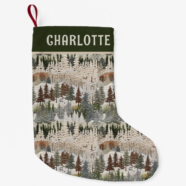 Christmas Woodland Embroidered Personalized Name Small Christmas Stocking (Front)