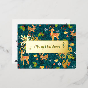 Christmas Woodland  Navy. Personalized.Gold.   Foil Holiday Postcard
