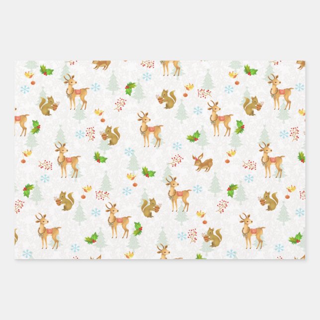 Christmas Woodlands Wrapping Paper Flat White (Front)
