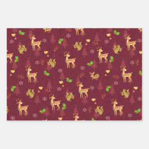 Christmas Woodlands Wrapping Paper Flat Wine