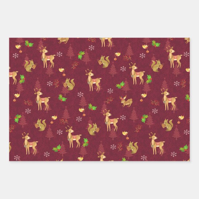 Christmas Woodlands Wrapping Paper Flat Wine (Front)