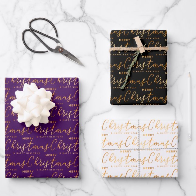 Christmas Word Art on Purple, Black and White Wrapping Paper Sheet (Front)