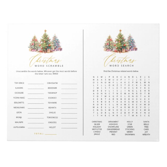 Christmas Word Scramble Word Search Tear Away Game Notepad (Front)