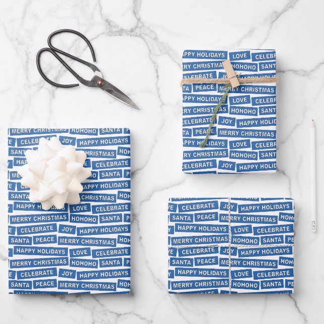 Christmas Words Blue Wrapping Paper Sheets (Front)