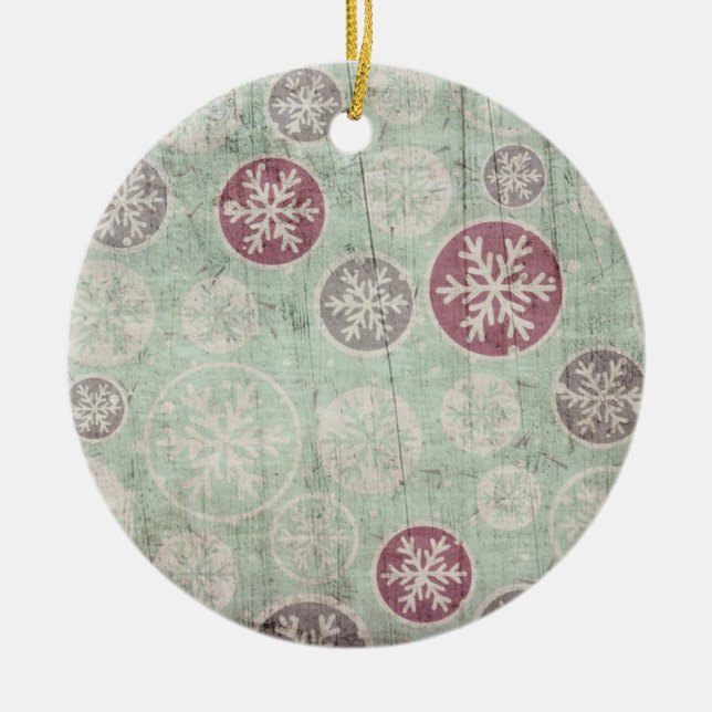 Christmas Worn Wood Snowflakes Ceramic Ornament (Front)