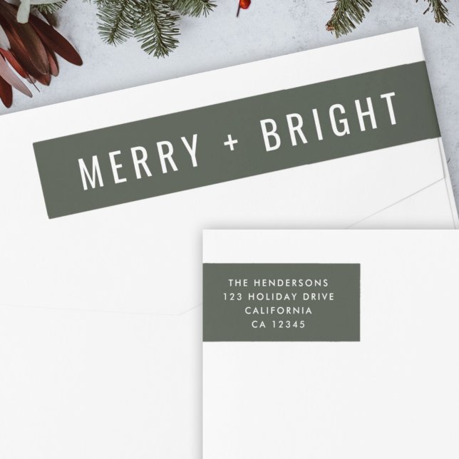 Christmas Wrap Label | Holiday Mail Sticker Green (Modern forest green “Merry + Bright” wrap label by Guava for festive mail)