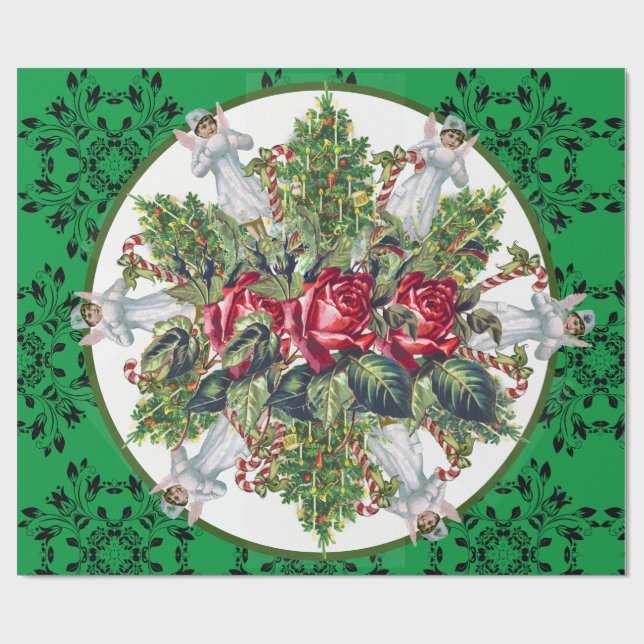 CHRISTMAS WRAPPING ANGELS ROSES CHRISTMAS TREES WRAPPING PAPER (Flat)