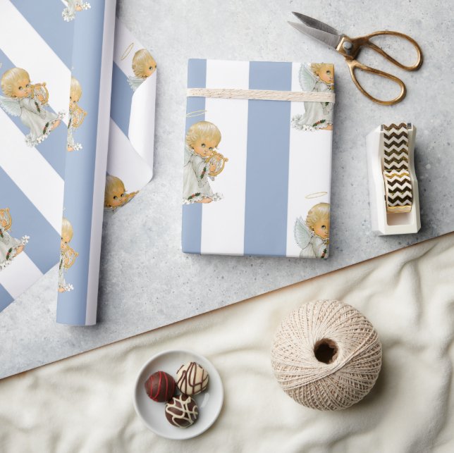 Christmas Wrapping Blue & White Stripe Angel Baby Wrapping Paper (Crafts)