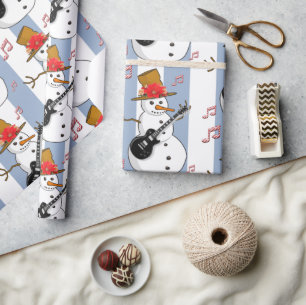 Christmas Wrapping Blue & White Stripe Snowman Paper