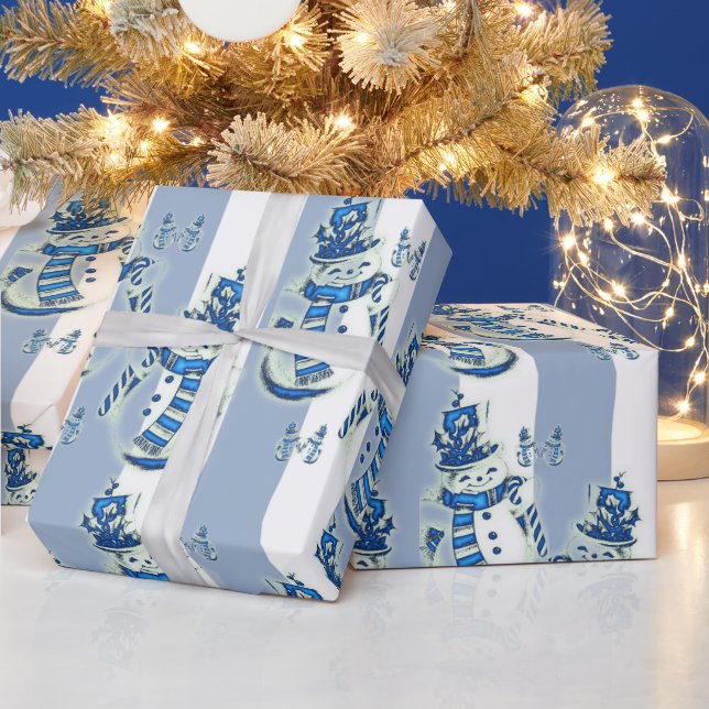 Christmas Wrapping Blue & White Stripe Snowman Wrapping Paper (Holidays)