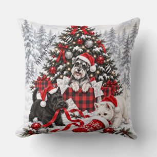 Christmas Wrapping Mischief Scottie Schnauzer West Throw Pillow