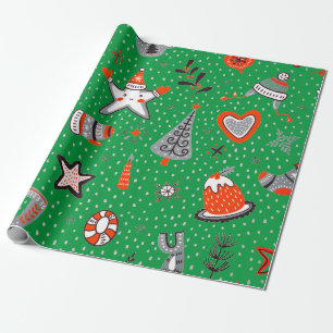 CHRISTMAS WRAPPING PAPER DOODLE ART GREEN