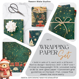 Christmas Wrapping Paper Flat Sheet Set of 3