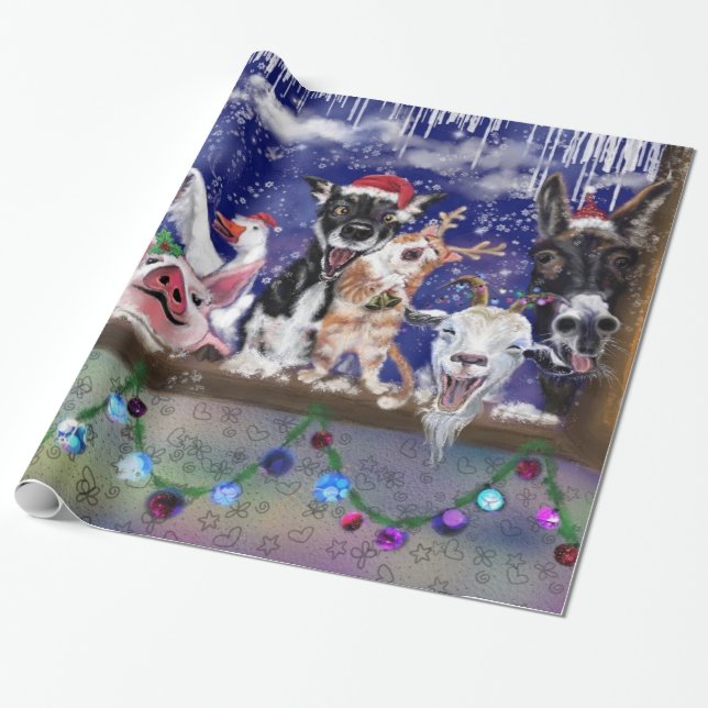 Christmas Wrapping Paper Funny Farm Animals (Unrolled)