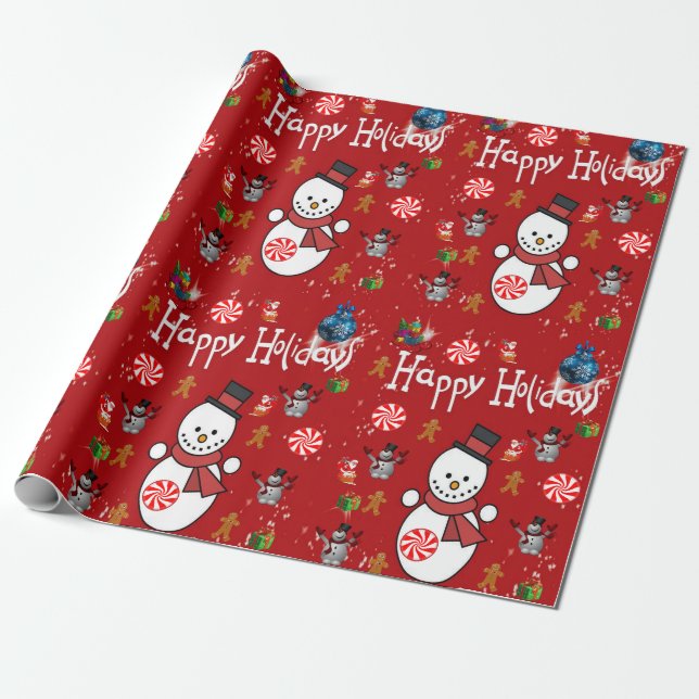 Christmas Wrapping Paper Happy Holidays Snowman (Unrolled)