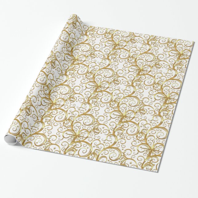 Christmas Wrapping Paper-Majesty Gold Swirls Wrapping Paper (Unrolled)