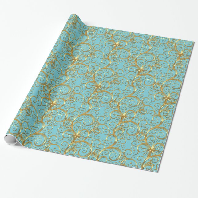 Christmas Wrapping Paper-Majesty Golden Swirls Wrapping Paper (Unrolled)