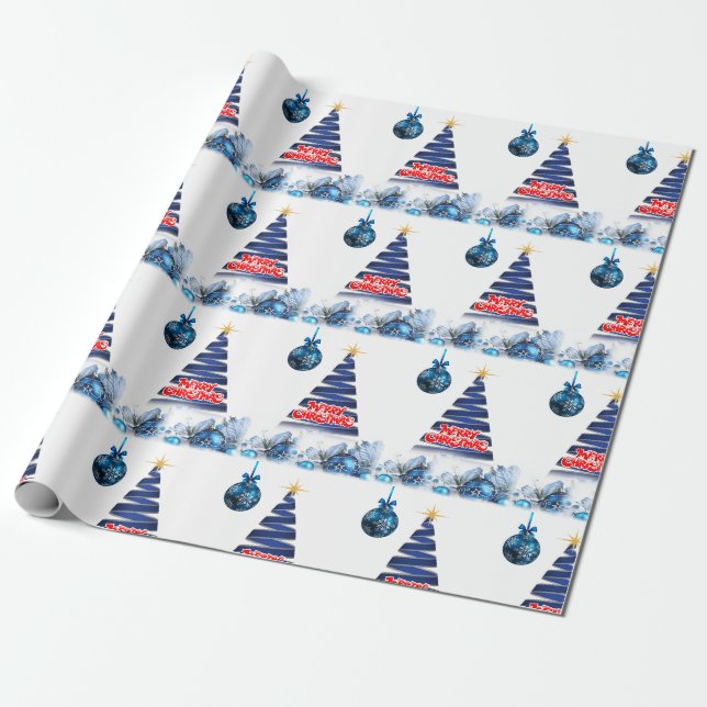 Christmas Wrapping Paper Merry Blue Tree (Unrolled)