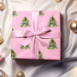 Christmas Wrapping Paper, Pine Tree Pink Christmas Paper