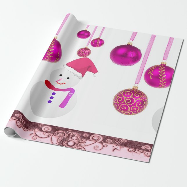 Christmas Wrapping Paper Pink Balls Snowman (Unrolled)