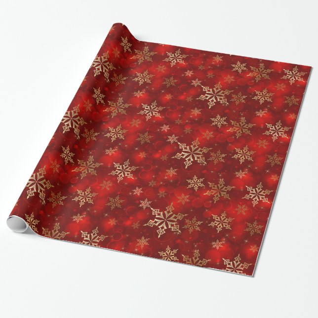 Christmas Wrapping Paper-Red & Gold Snowflakes Wrapping Paper (Unrolled)