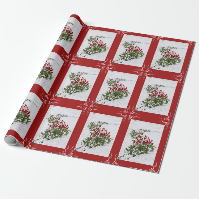 Christmas Wrapping Paper - Snow & Red Tulips (Unrolled)