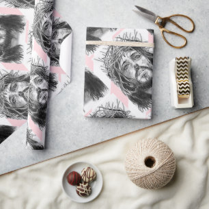 Christmas Wrapping Pink &White Stripe Jesus Christ Wrapping Paper