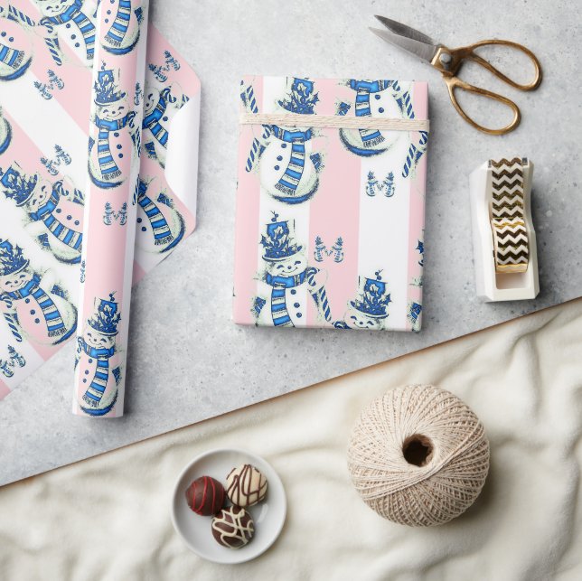 Christmas Wrapping Pink & White Stripe Snowman Wrapping Paper (Crafts)