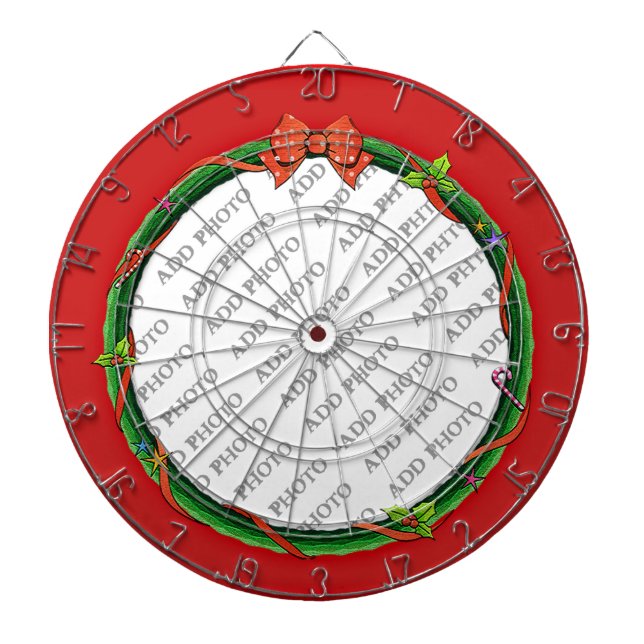 Christmas Wreath Add Your Photo & Red Background Dartboard (Front)
