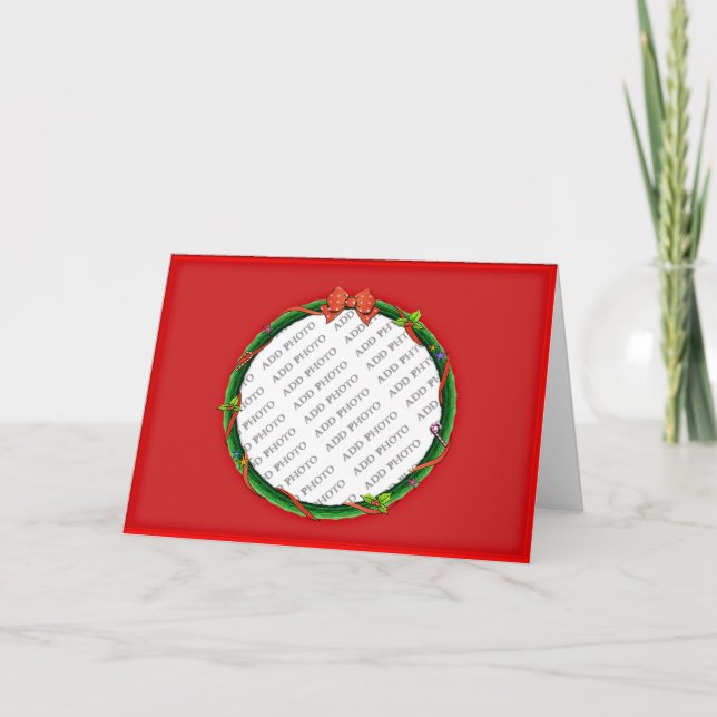 Christmas Wreath Add Your Photo & Red Background Holiday Card (Front)