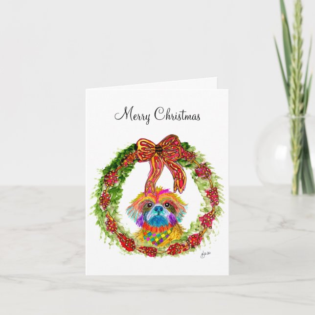 Christmas Wreath and a Shih Tzu Greeting Card (Front)