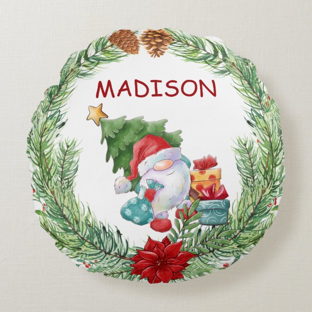 Christmas Wreath and Gnome Santa Claus Round Pillow (Front)