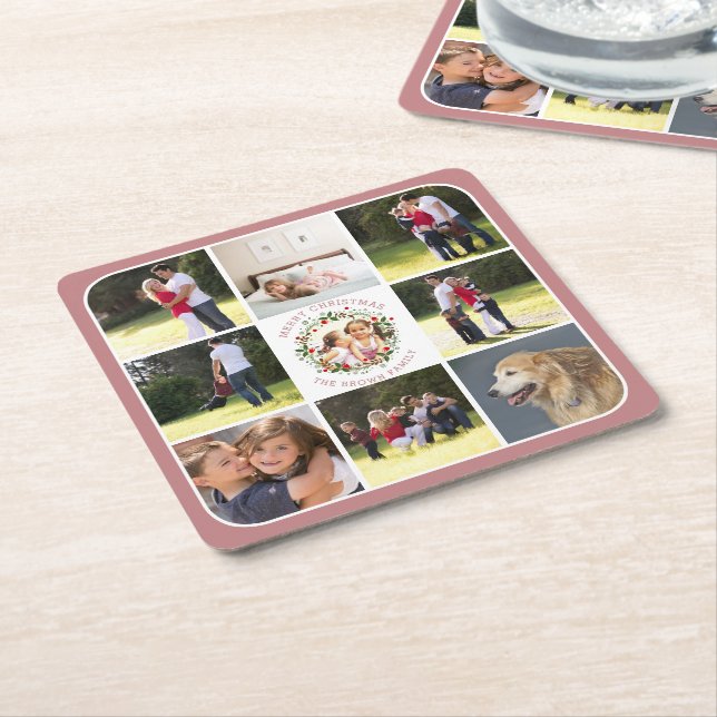 Christmas wreath and nine photos dusty rose pink square paper coaster (Angled)