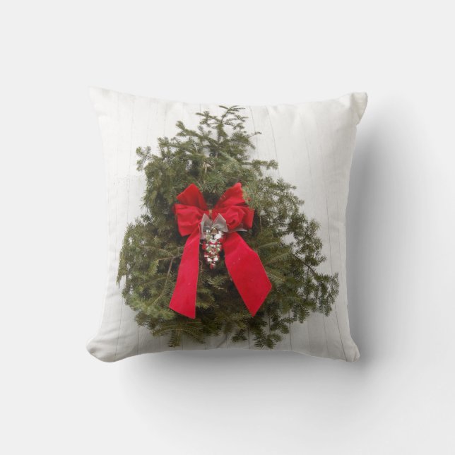 Christmas Wreath and Red Bow Throw Pillow (Front)