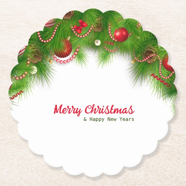 Christmas Wreath and Red Bulbs, and Presents    Paper Coaster (Front)