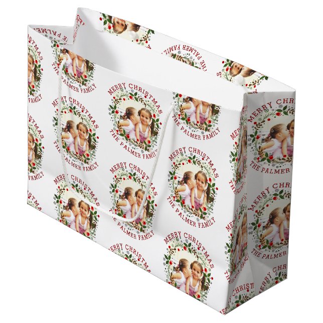 Christmas wreath and red Merry Christmas photo Large Gift Bag (Front Angled)