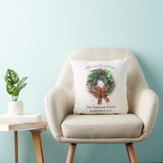 Christmas Wreath Art Plaid Bow Personalized Throw Pillow (Chair)