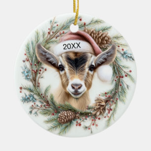 Christmas Wreath Baby Goat Ceramic Ornament