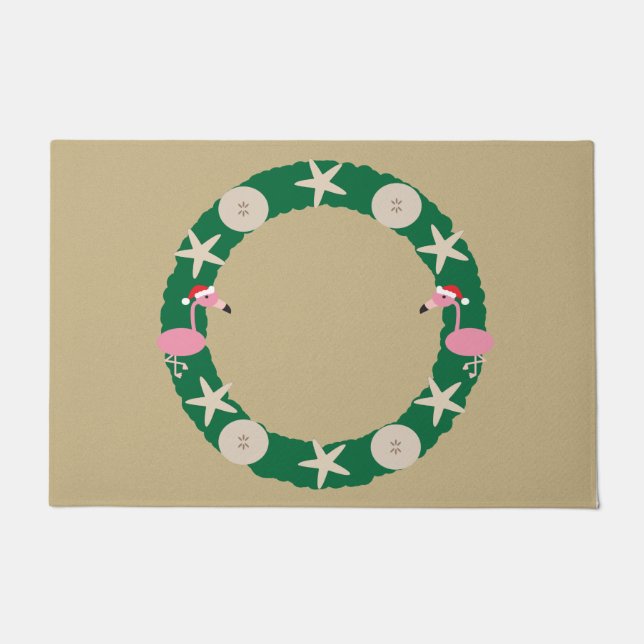 Christmas Wreath Beach Flamingo Sand Dollar Shells Doormat (Front)