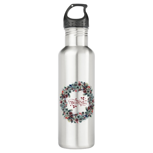 Christmas Wreath BELIEVE Typography 710 Ml Water Bottle (Front)