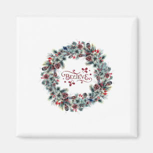 Christmas Wreath BELIEVE Typography Magnet