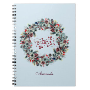 Christmas Wreath BELIEVE Typography monogram Notebook