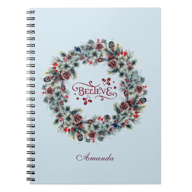 Christmas Wreath BELIEVE Typography monogram Notebook (Front)