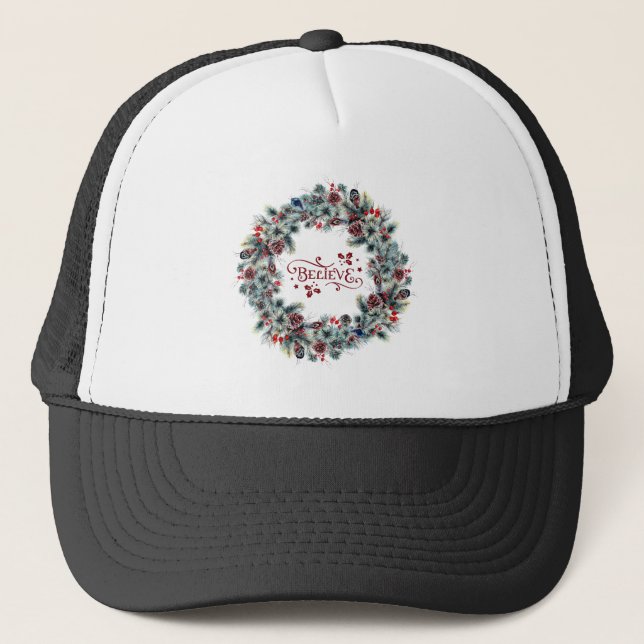 Christmas Wreath BELIEVE Typography Trucker Hat (Front)