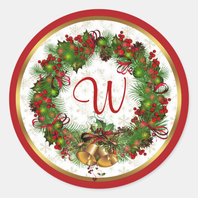 Christmas wreath, bells, holly Monogram Classic Round Sticker (Front)