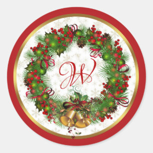 Christmas Wreath Bells Holly Pine Monogram Classic Round Sticker
